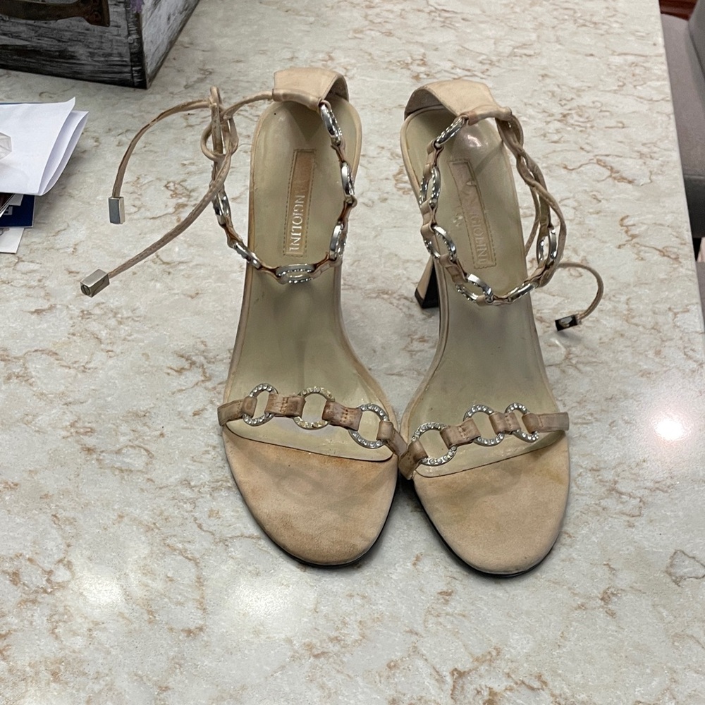 Enzo Angiolini Nude/Tan Suede Chain-Accent Ankle-Tie Heels